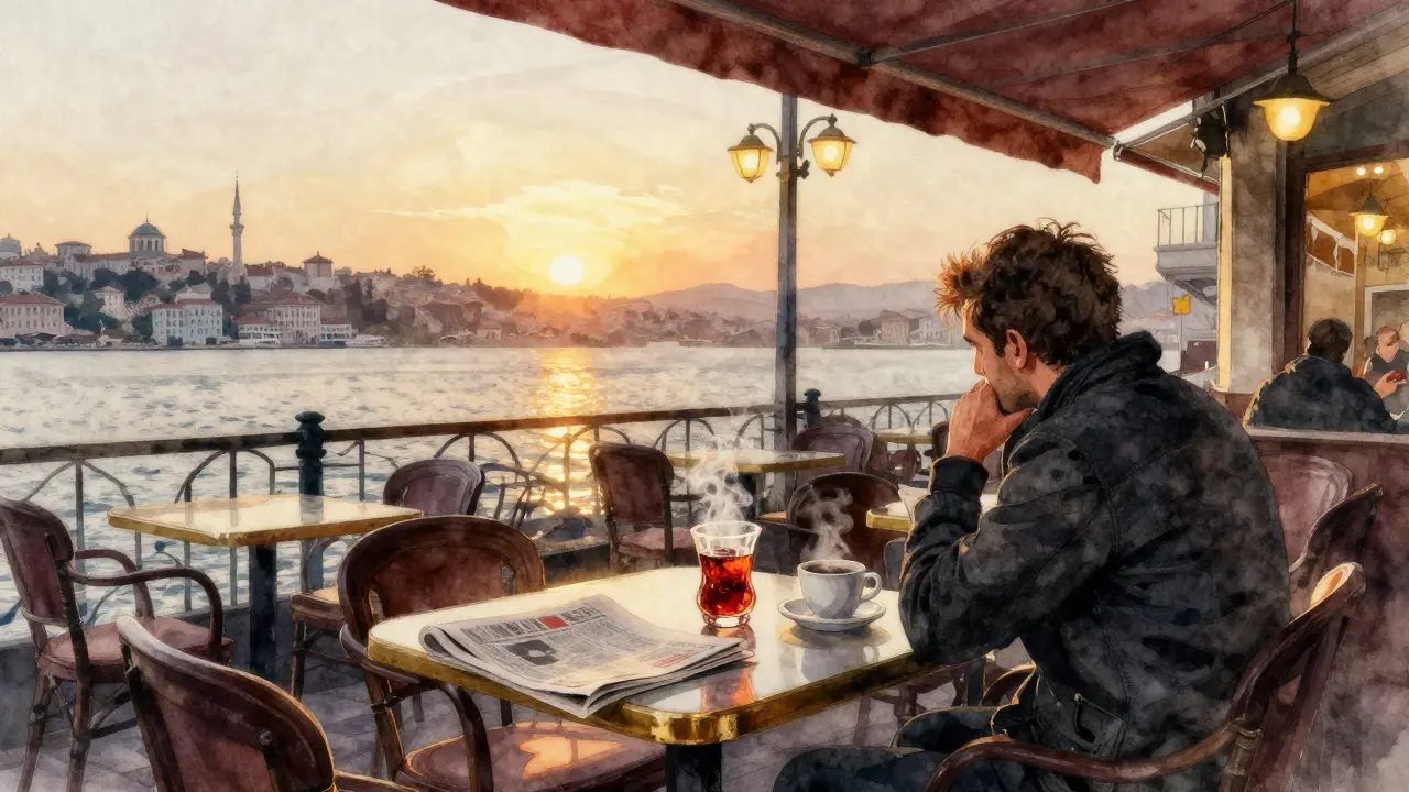 Dawn in Kadıköy, a solitary traveler at a café with a glass of rakı as sunrise lights the Bosphorus.