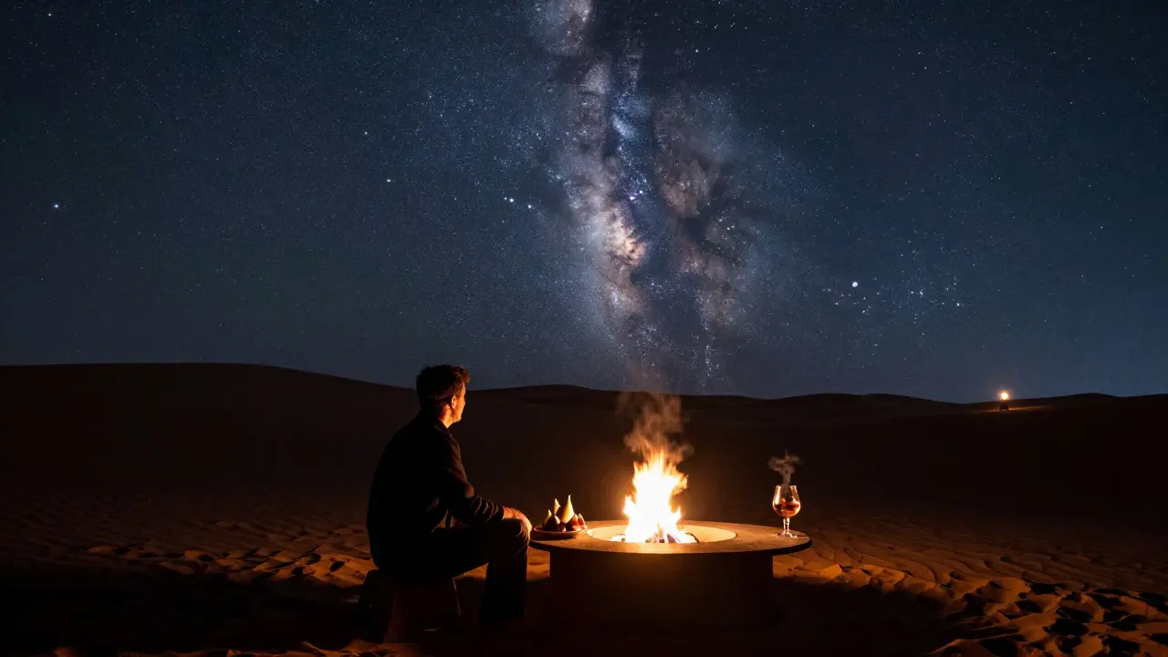 Desert bar under a starry sky with firepit and solitary figure in serene silence.