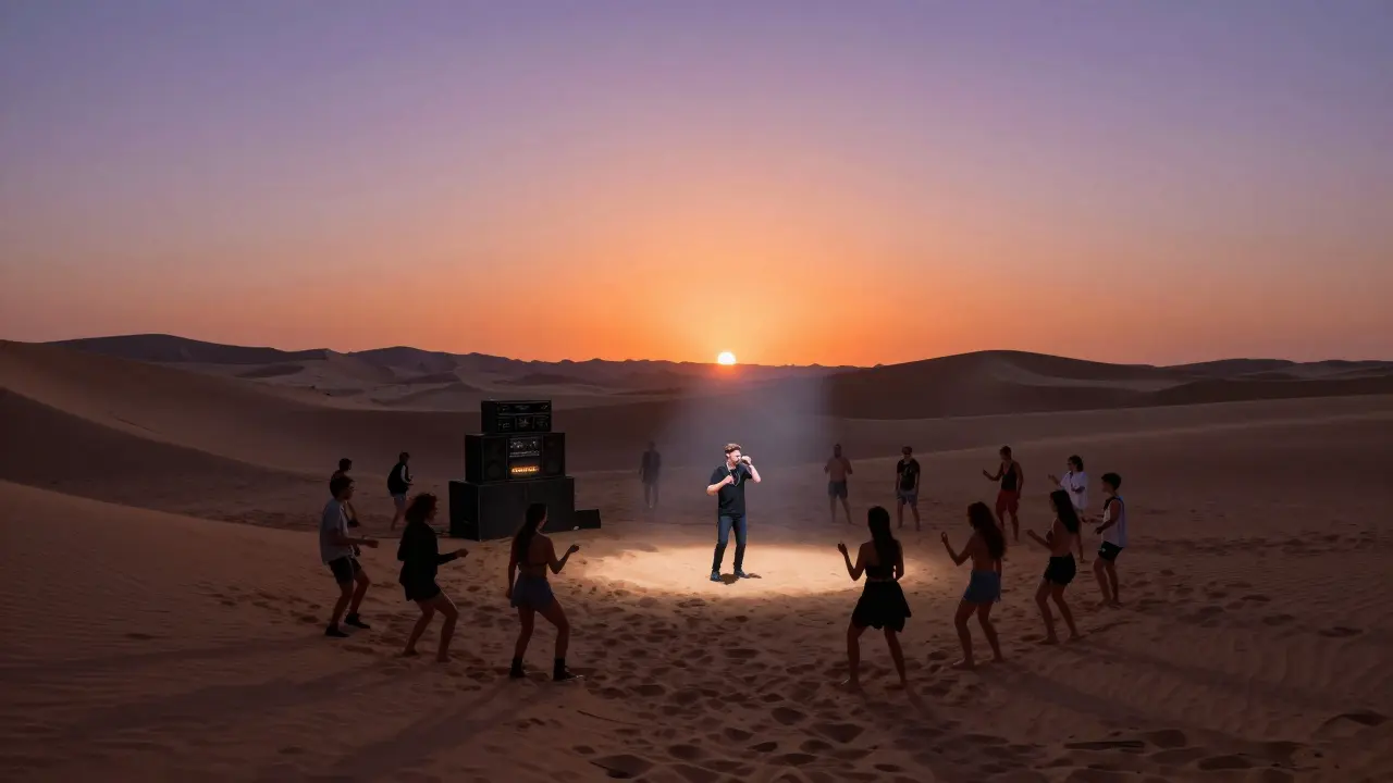 Desert rave at dawn with DJ and small crowd dancing on dunes under soft sunrise light.