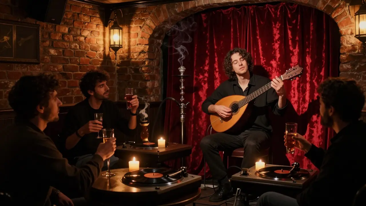 Dim underground bar in Beyoğlu with a bağlama player performing, patrons in candlelight, vinyl spinning on a turntable.