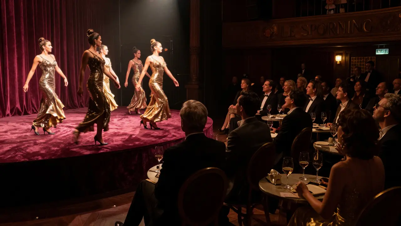 Elegant cabaret dancers in sequins performing under a spotlight in a dimly lit, intimate restaurant.