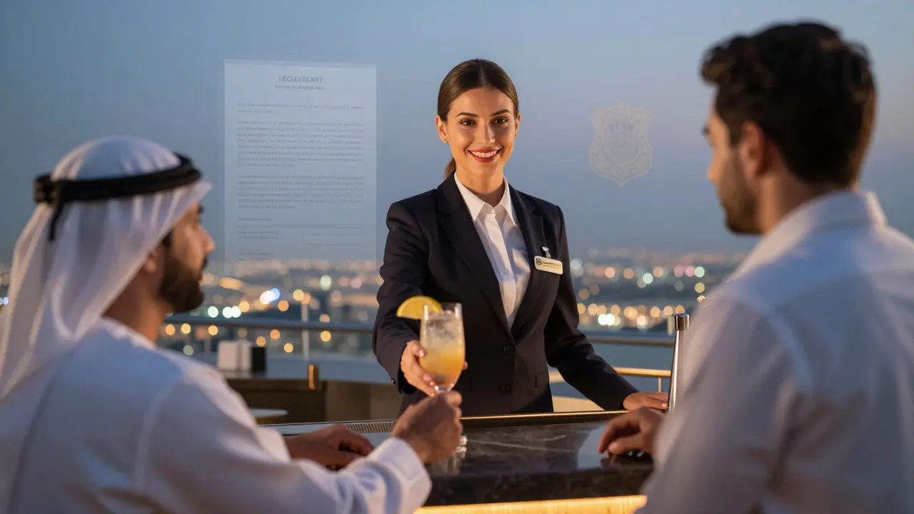 Elegant hostess serving a drink to a client at a luxury Dubai rooftop bar at dusk.