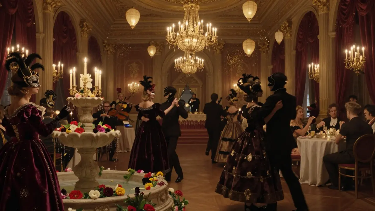 Elegant Venetian masquerade ball with masked guests, candlelight, and a string quartet in a grand ballroom.