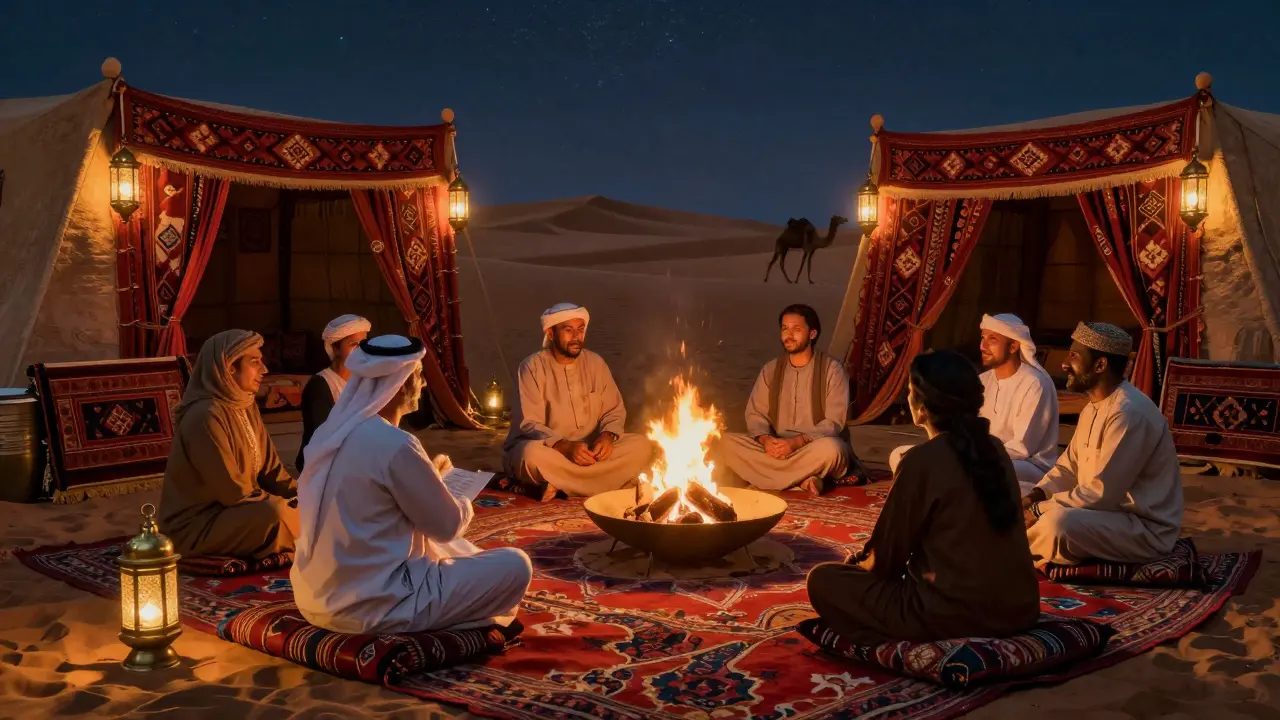Evening gathering at heritage village under stars, listening to poetry by a fire pit.