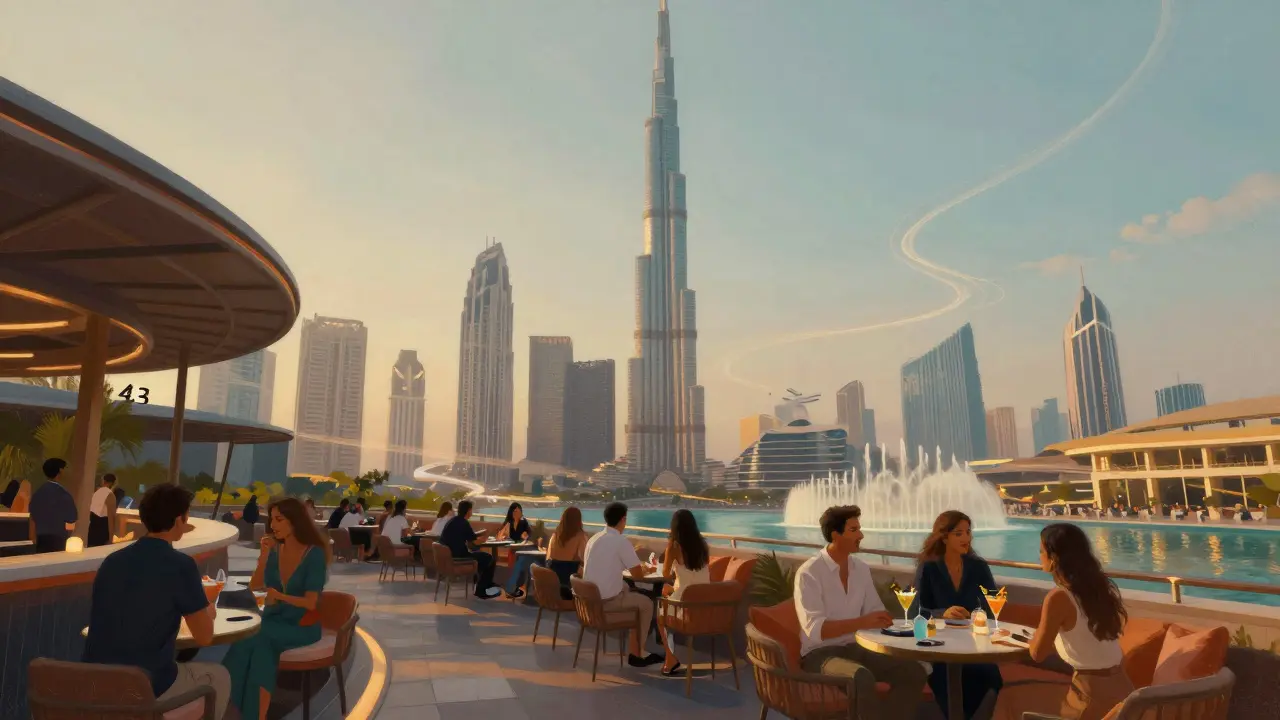 Guests enjoying cocktails on a rooftop terrace with Burj Khalifa in the background.
