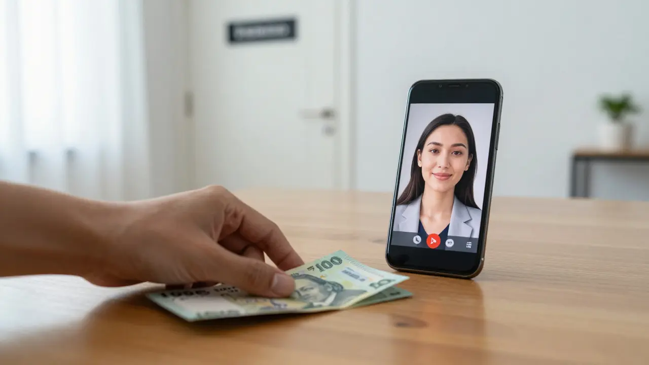 Hand placing cash on table beside smartphone showing a verified video call with an escort.
