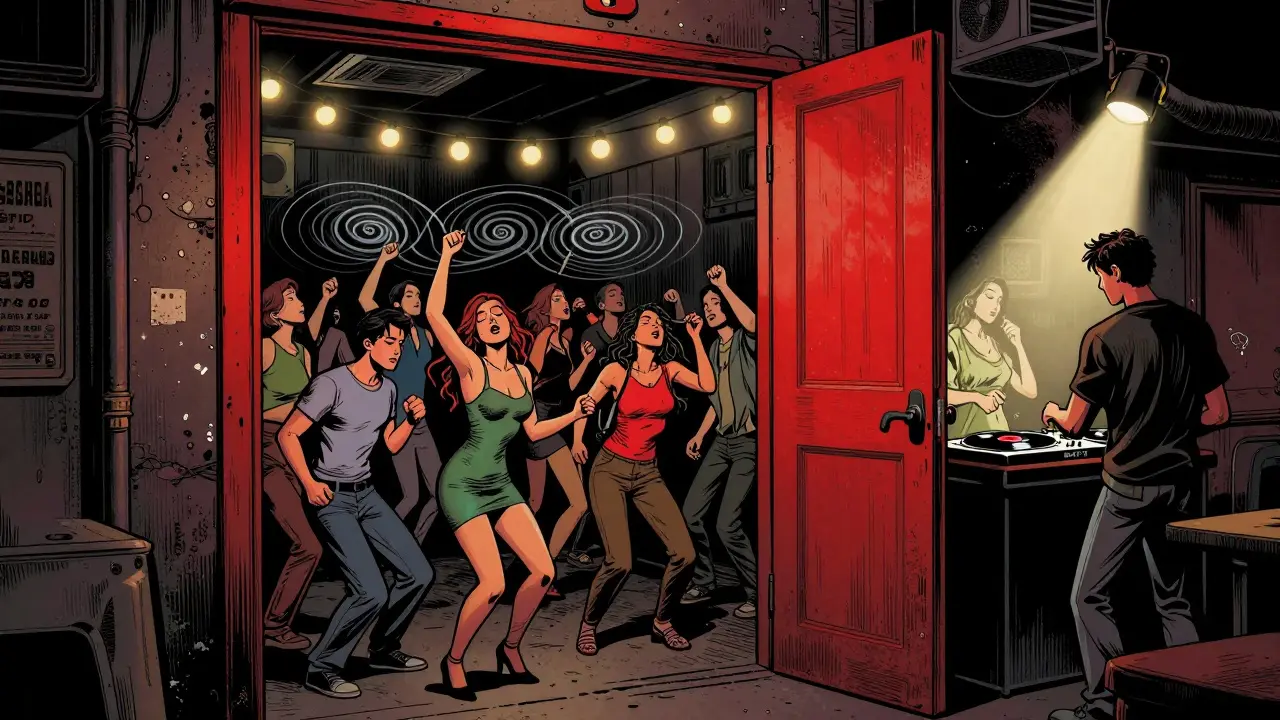 Hidden basement club Karga with red door, glowing lights, and intense crowd dancing in darkness.