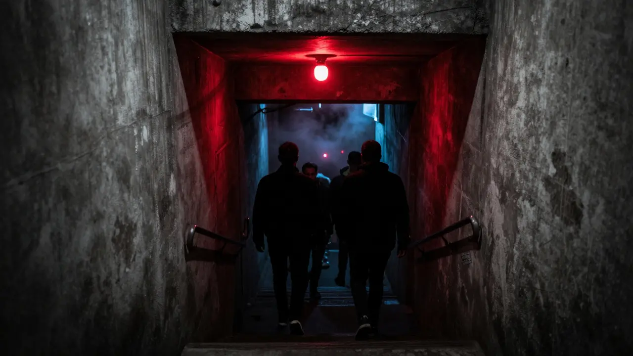 Hidden basement entrance to Arkaoda club with a red light above narrow stairs and silhouettes of people going down.
