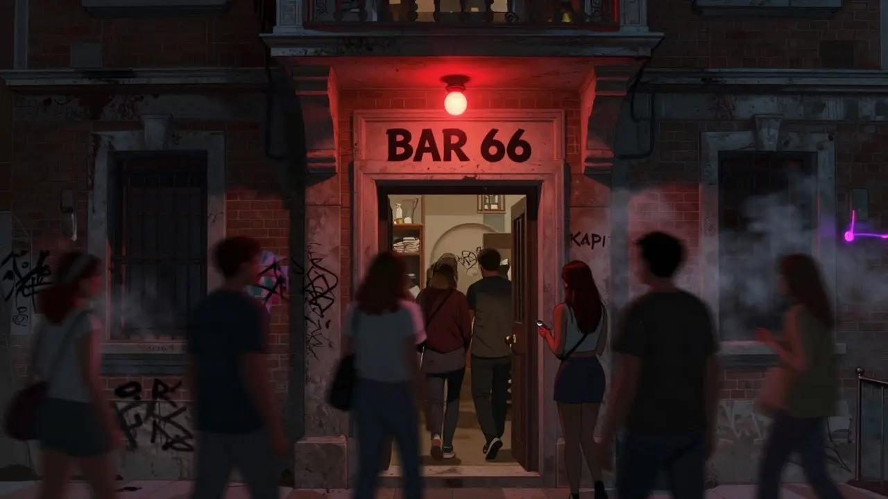 Hidden entrance to Bar 66 in Beyoğlu with a red light above the door and a crowd entering a basement club.