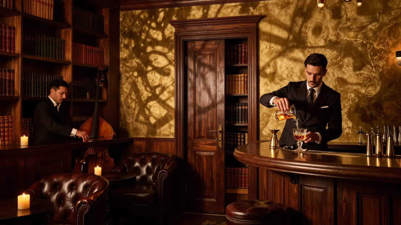 Hidden library bar with bookshelf door, low lighting, and someone pouring whiskey.