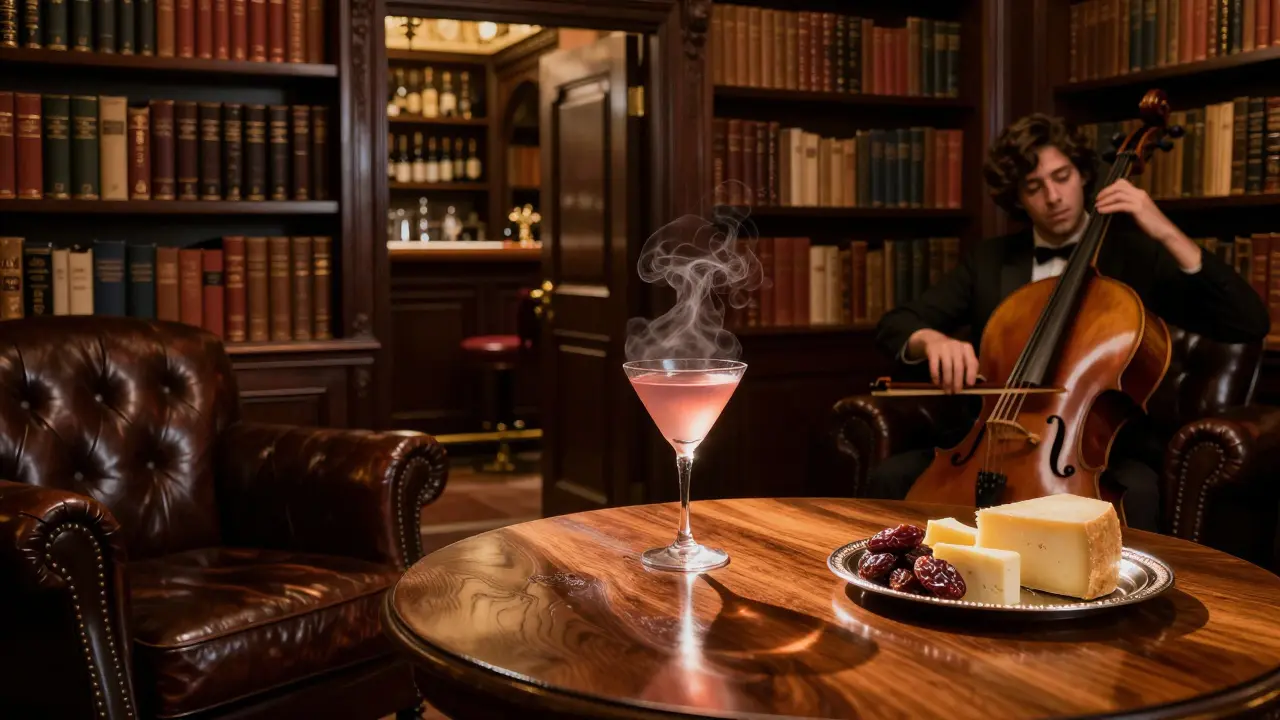 Hidden library bar with leather chairs, live cellist, and warm amber lighting.