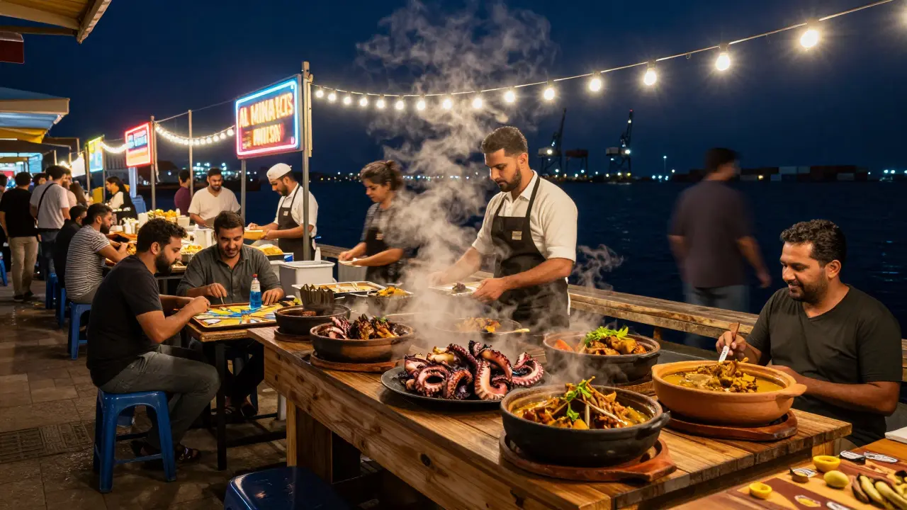 Late-night food market at Al Mina with fairy lights, food stalls, and people dining under neon signs.