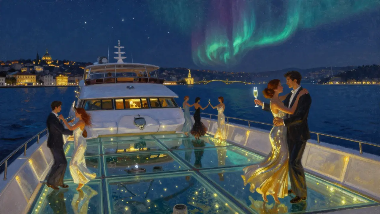 Luxury yacht dancing on Bosphorus with glowing water below and city lights in the distance.