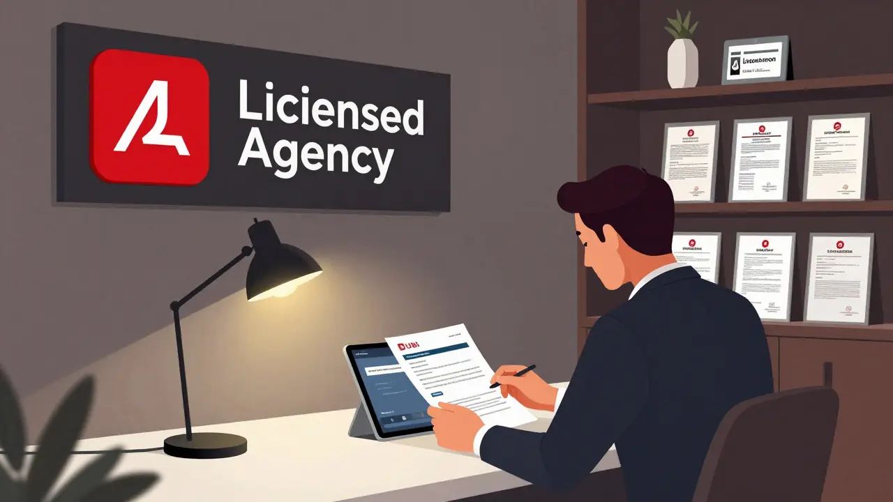 Man reviewing a licensed business registration document in a modern Dubai agency office.