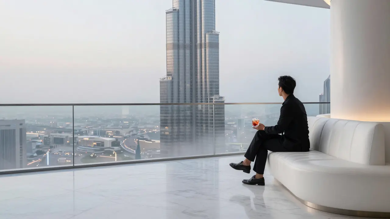 Minimalist sky-high lounge on Burj Khalifa's 160th floor, guest gazing at the city lights from a glass railing.