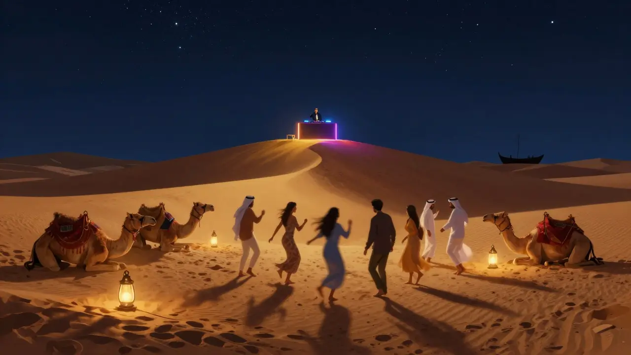 Nighttime desert party with guests dancing on dunes under stars, DJ booth, and traditional lanterns.
