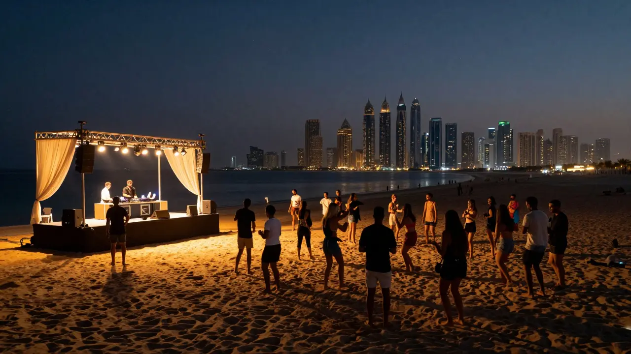 Outdoor White Dubai club at night with dancers on sand under stars and Dubai skyline in distance.