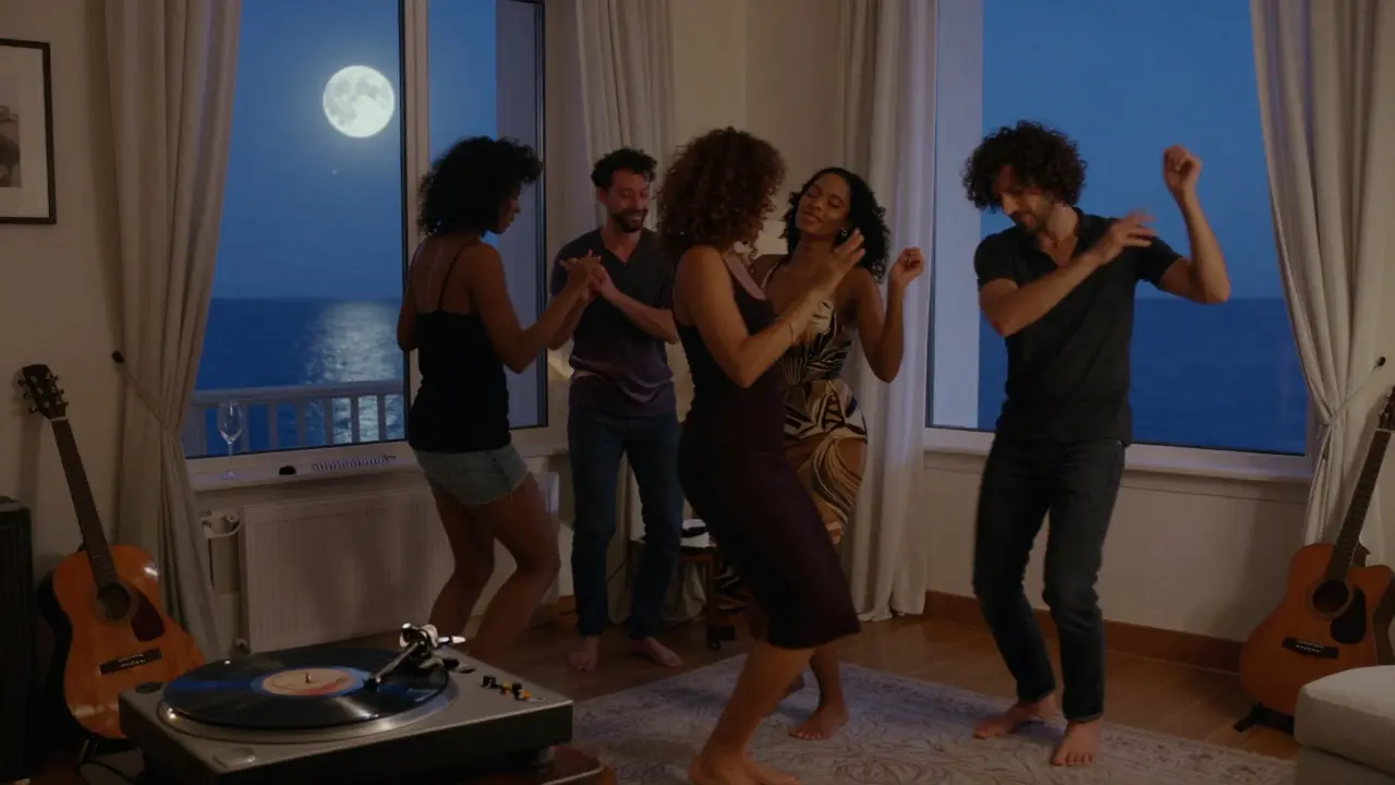 People dancing in a living room to vinyl music, moonlight through windows, quiet and intimate.