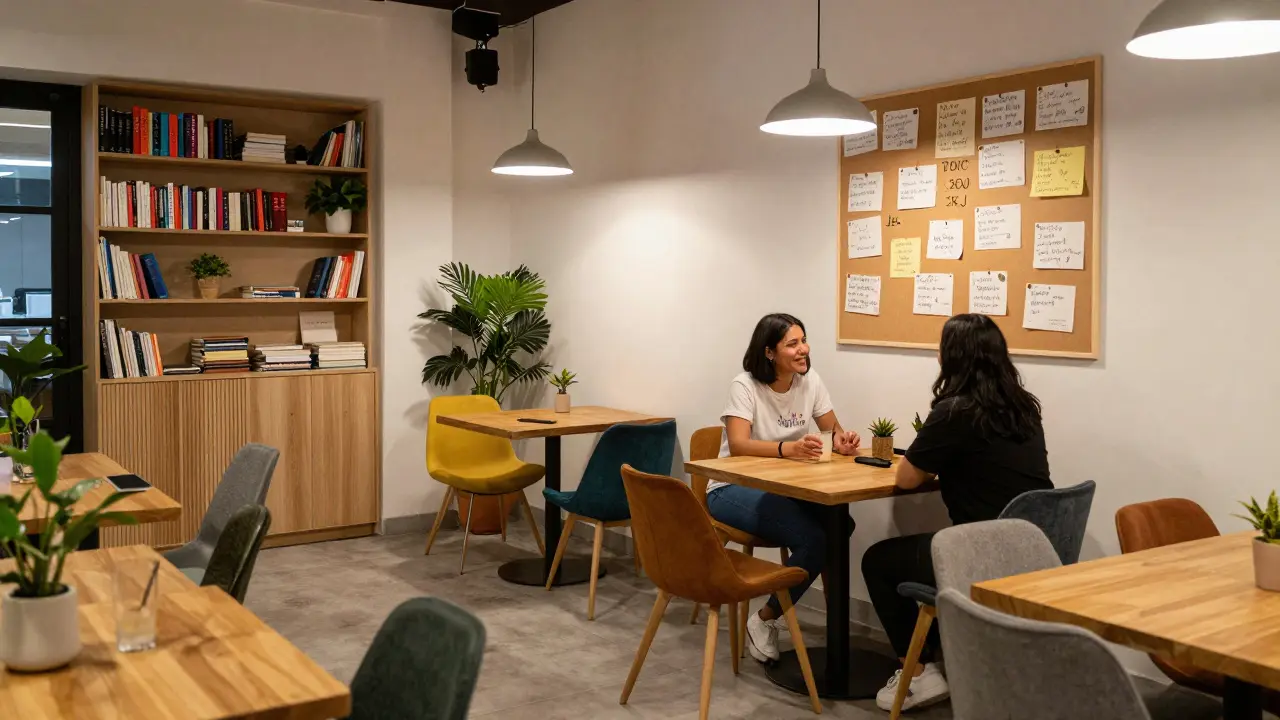 People socializing at a community board in a cozy co-working lounge after hours.