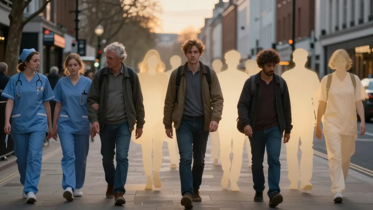 People walk through London streets, each accompanied by an invisible, glowing companion representing emotional support.