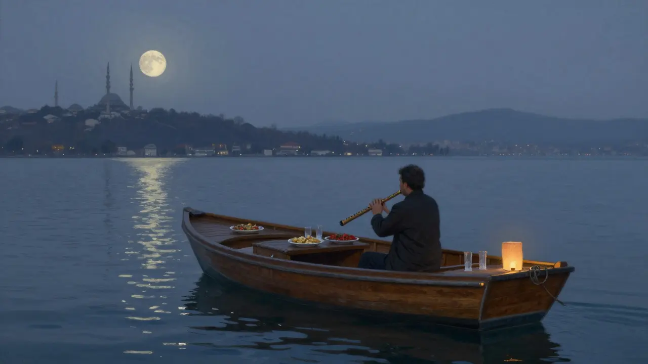 Private boat on the Bosphorus at dawn, ney flute player under moonlit lanterns.