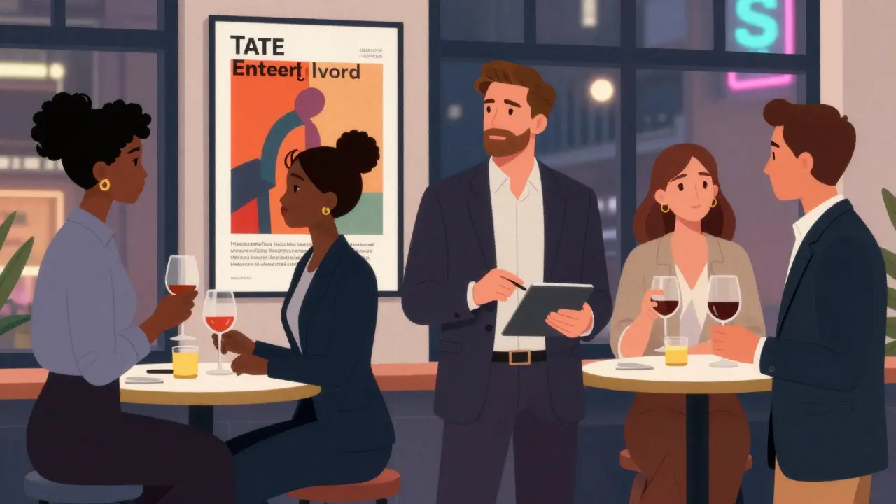 Professionals and their companions engaging in thoughtful conversation at a corporate event in London's financial district.