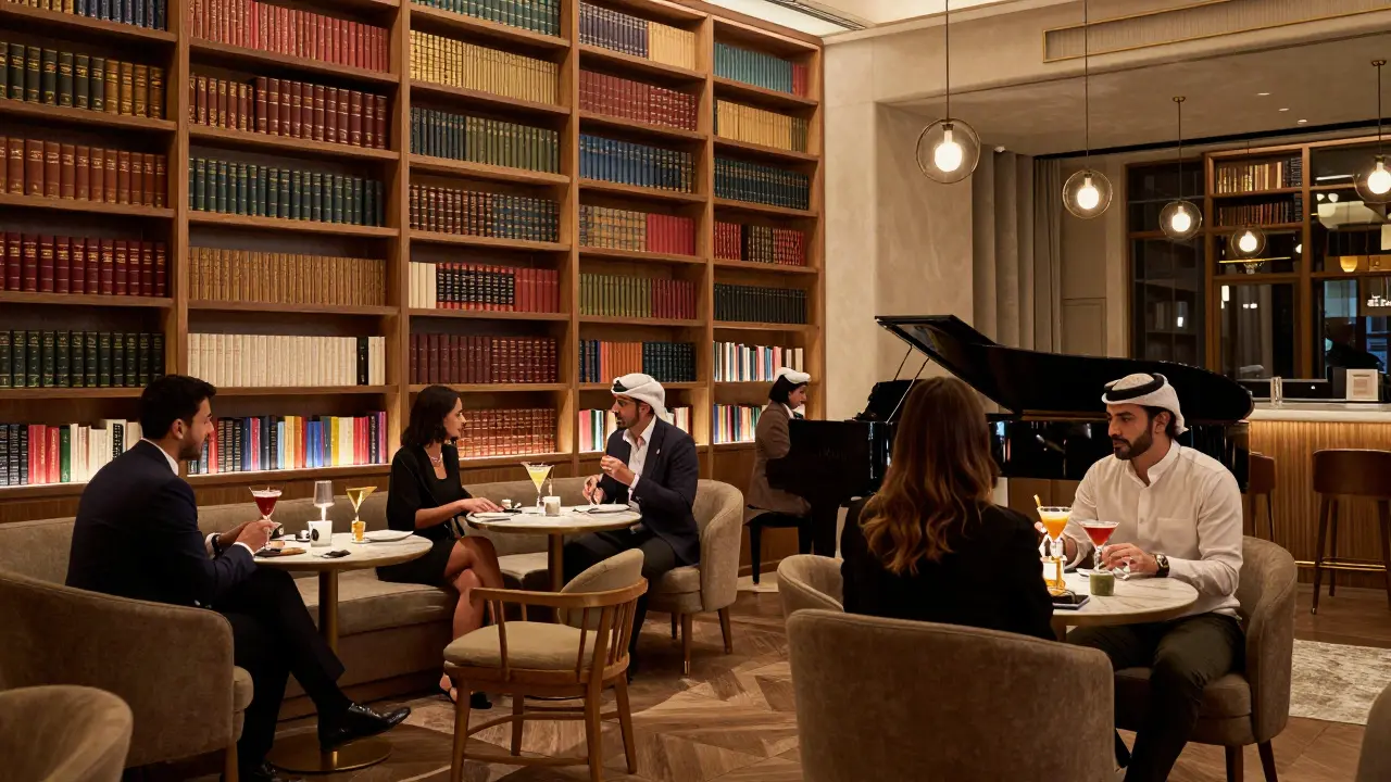 Professionals chatting over cocktails in a book-lined reading room with soft piano music.