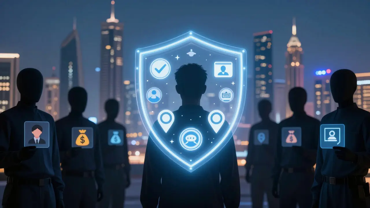 Protective shield of safety symbols guarding against scams in Abu Dhabi&#039;s cityscape.