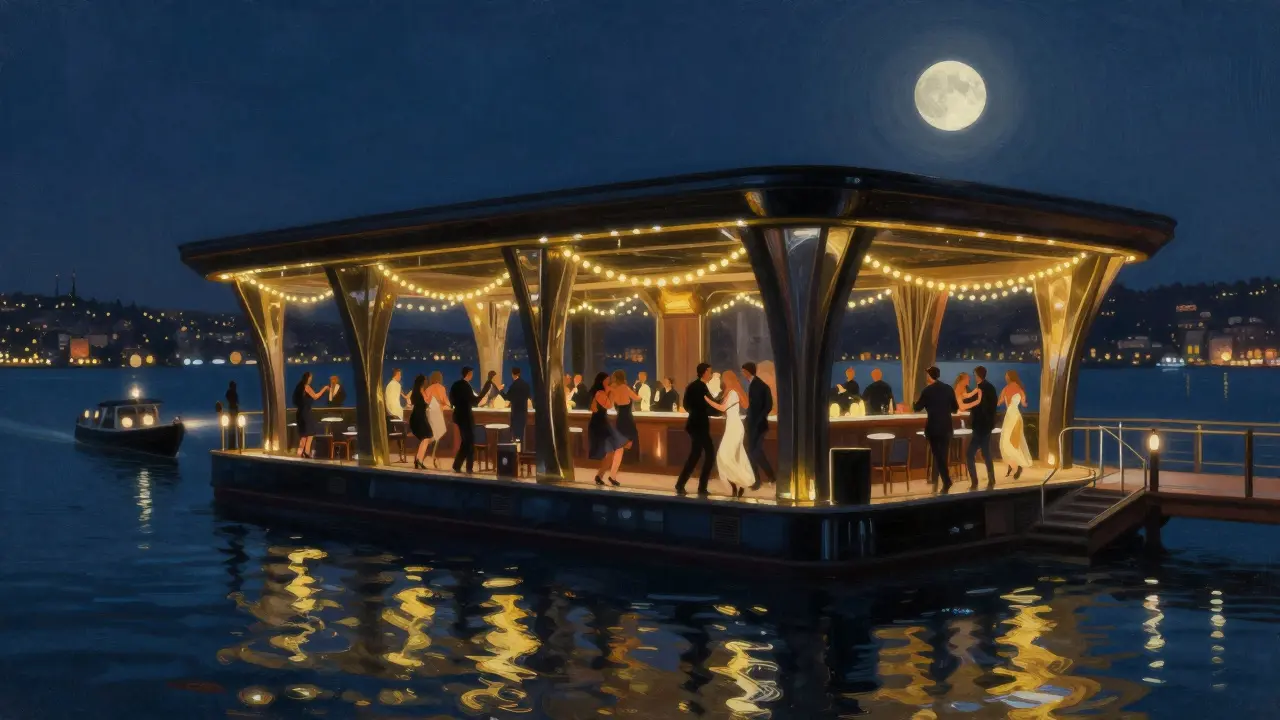 Reina nightclub floating on the Bosphorus at night with guests dancing under string lights.