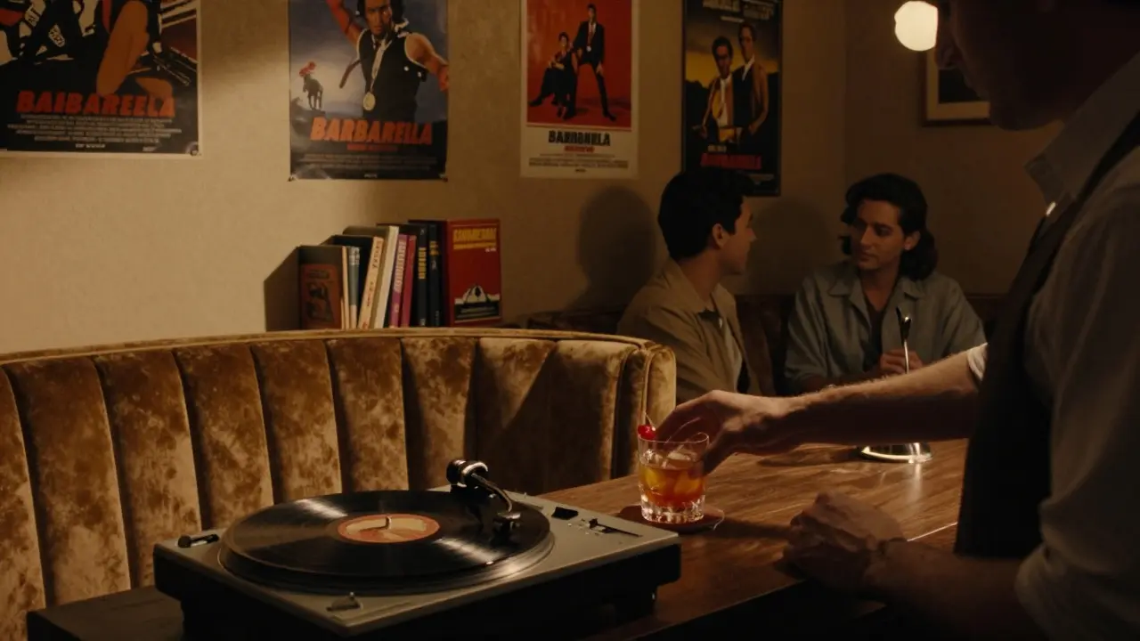 Retro lounge with vinyl record player, dim lighting, and a bartender serving cocktails in a quiet, intimate setting.