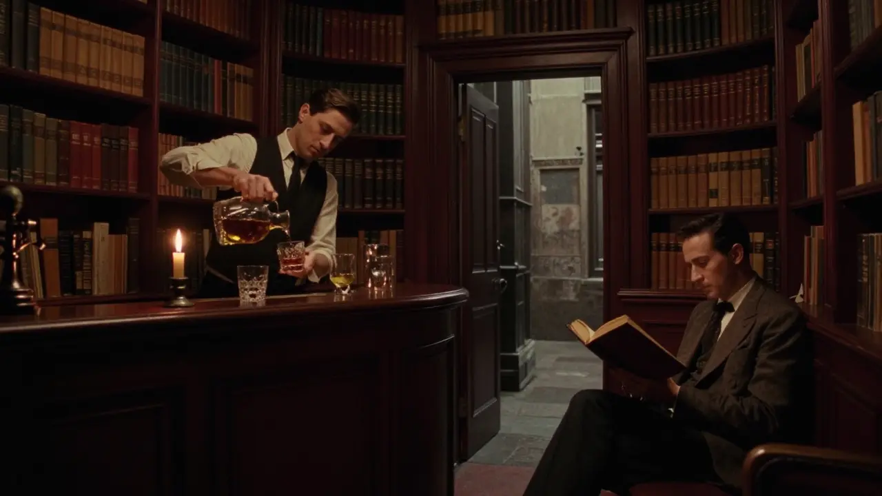 Secret speakeasy bar lined with books, dim lighting, and a bartender pouring whiskey in quiet intimacy.