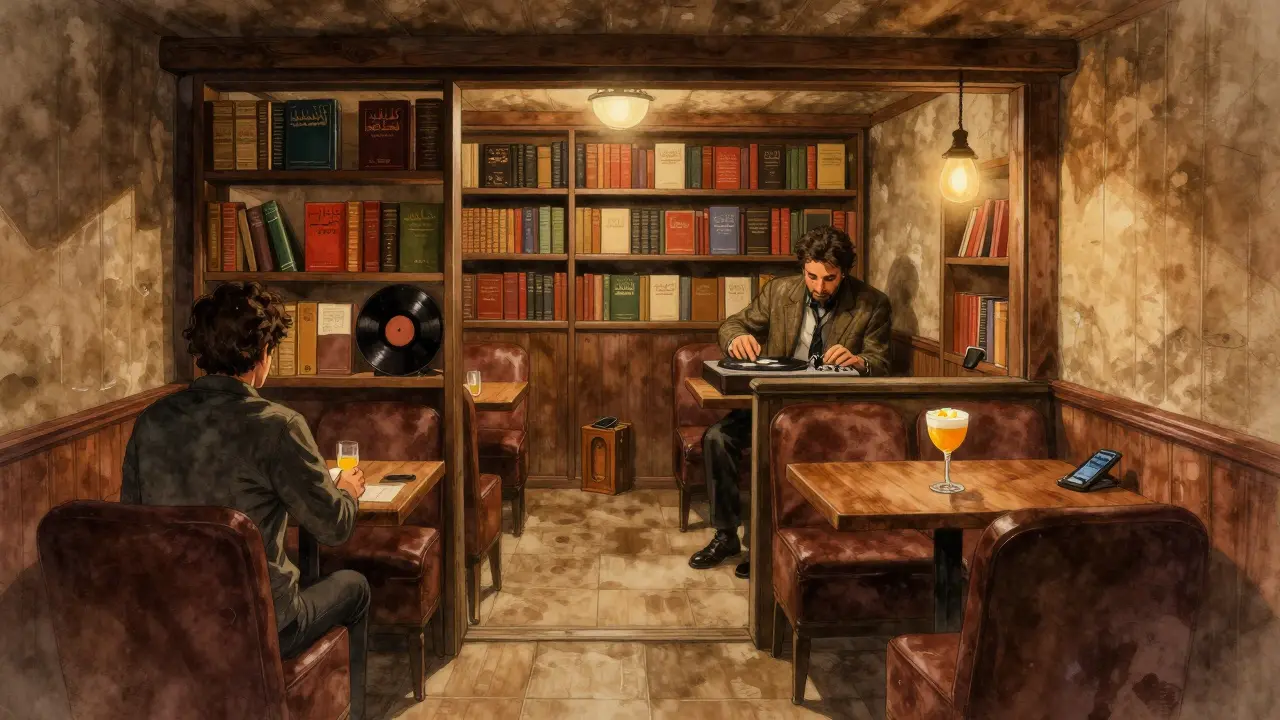 Secret speakeasy behind a bookshelf with vinyl records and warm dim lighting.