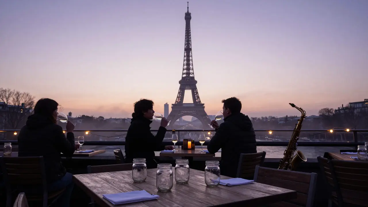 Silhouettes at a rooftop bar at dawn, Eiffel Tower in distance, empty wine glasses and string lights.