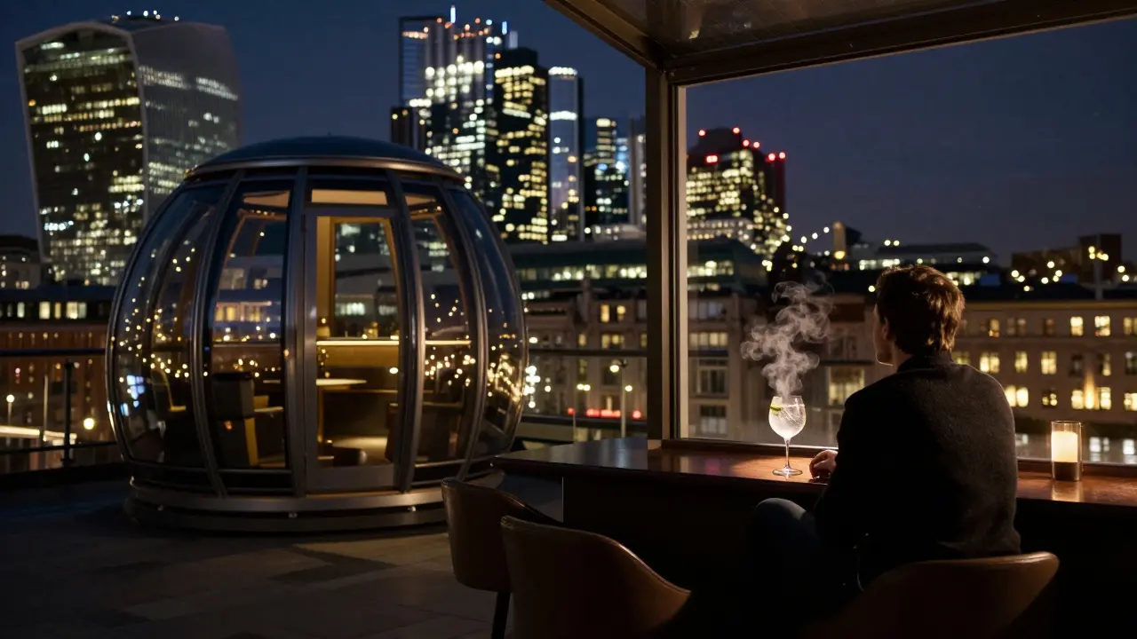 Sky Pod Bar glass pod at night with a solitary figure overlooking London's financial district lit by soft ambient lights.