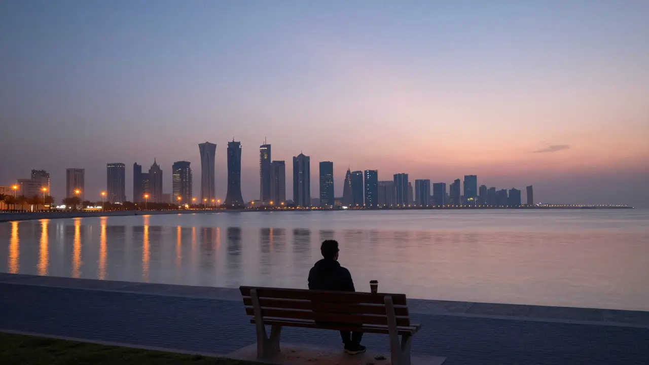 Solitary figure at dawn on Abu Dhabi&#039;s Corniche, calm sea and soft city lights in background.