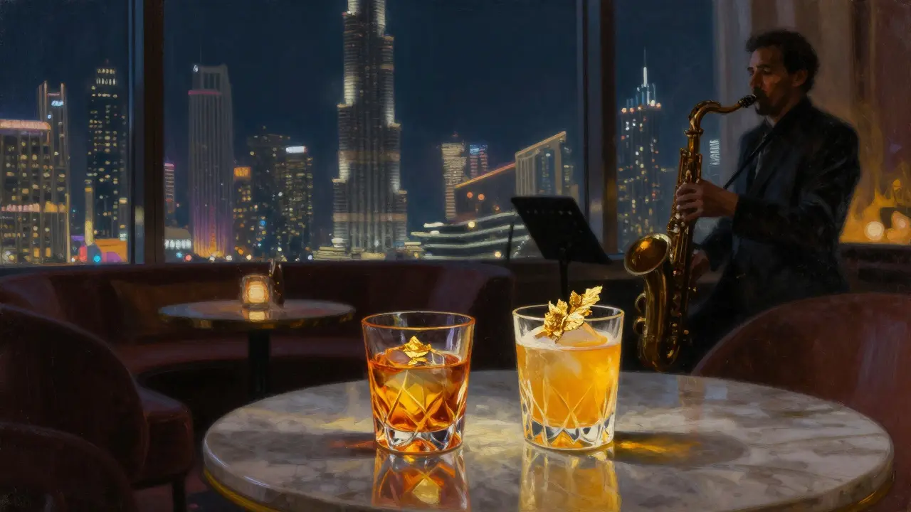 Sophisticated lounge with glowing cocktails and Burj Khalifa light show in the background, live jazz musician in shadow.