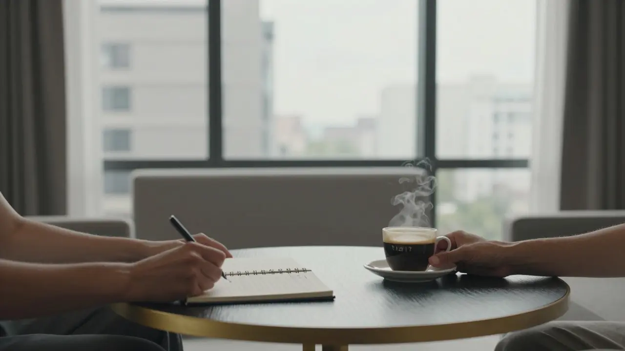 Two hands reaching across a table in a Dubai hotel room, one holding a notebook, the other a cup of coffee, symbolizing mutual respect.