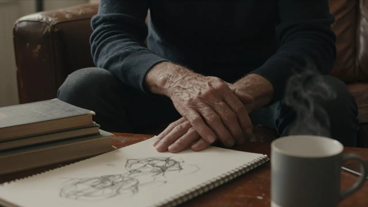 Two hands rest gently on a sofa, symbolizing quiet human connection amid books and a steaming mug.