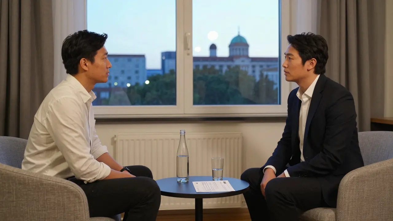 Two people meeting respectfully in a hotel room, communicating calmly with clear boundaries.