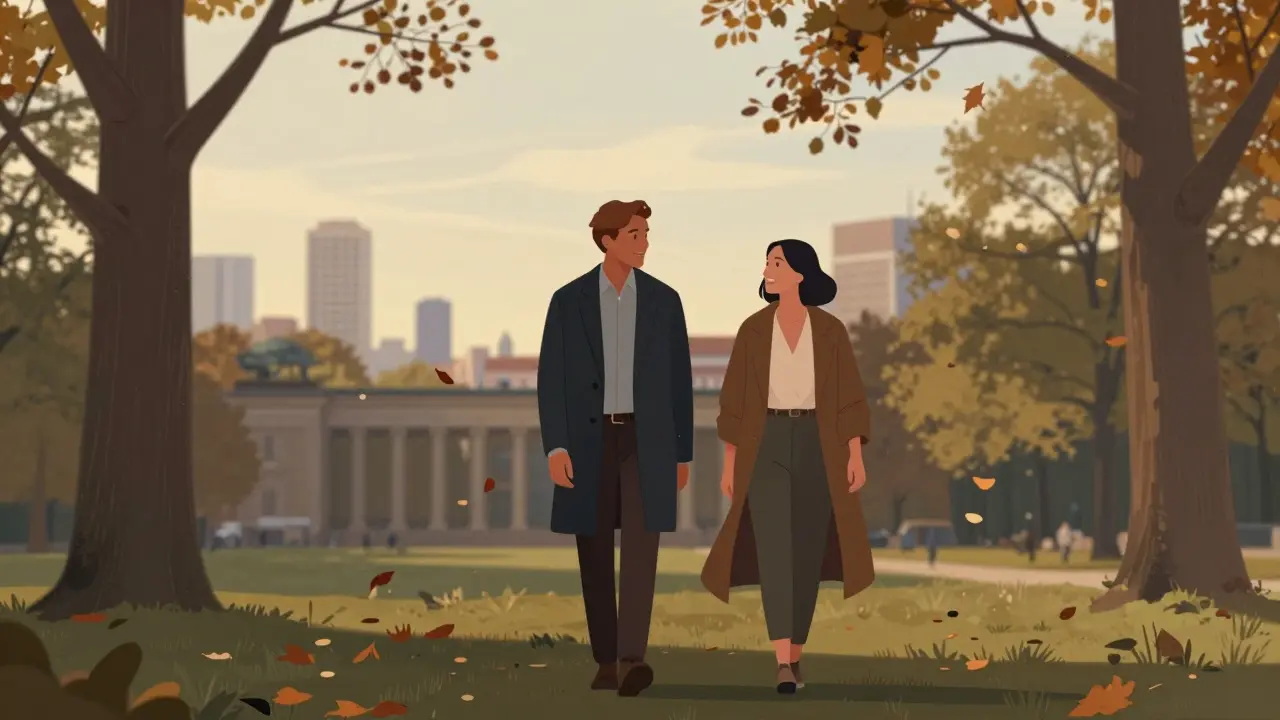 Two people walk together through Tiergarten park at golden hour, enjoying peaceful conversation.