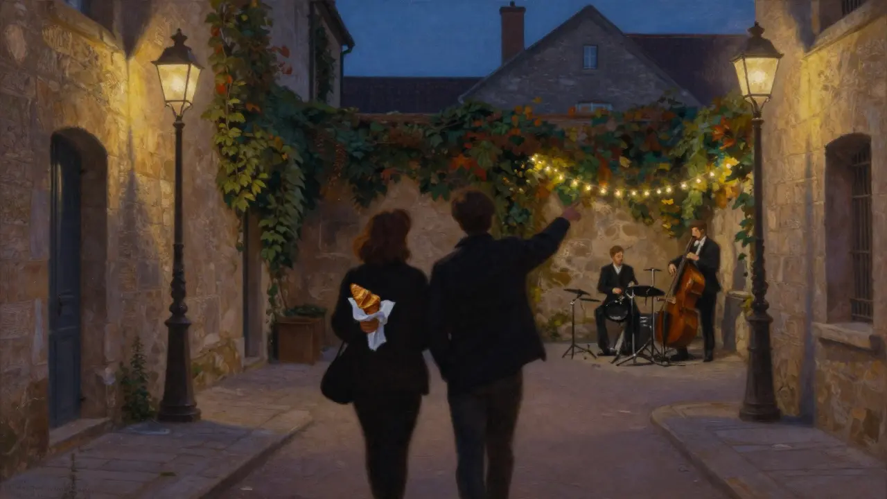 Two silhouettes walk through a hidden Paris courtyard at dusk, jazz music drifting from a small band under string lights.