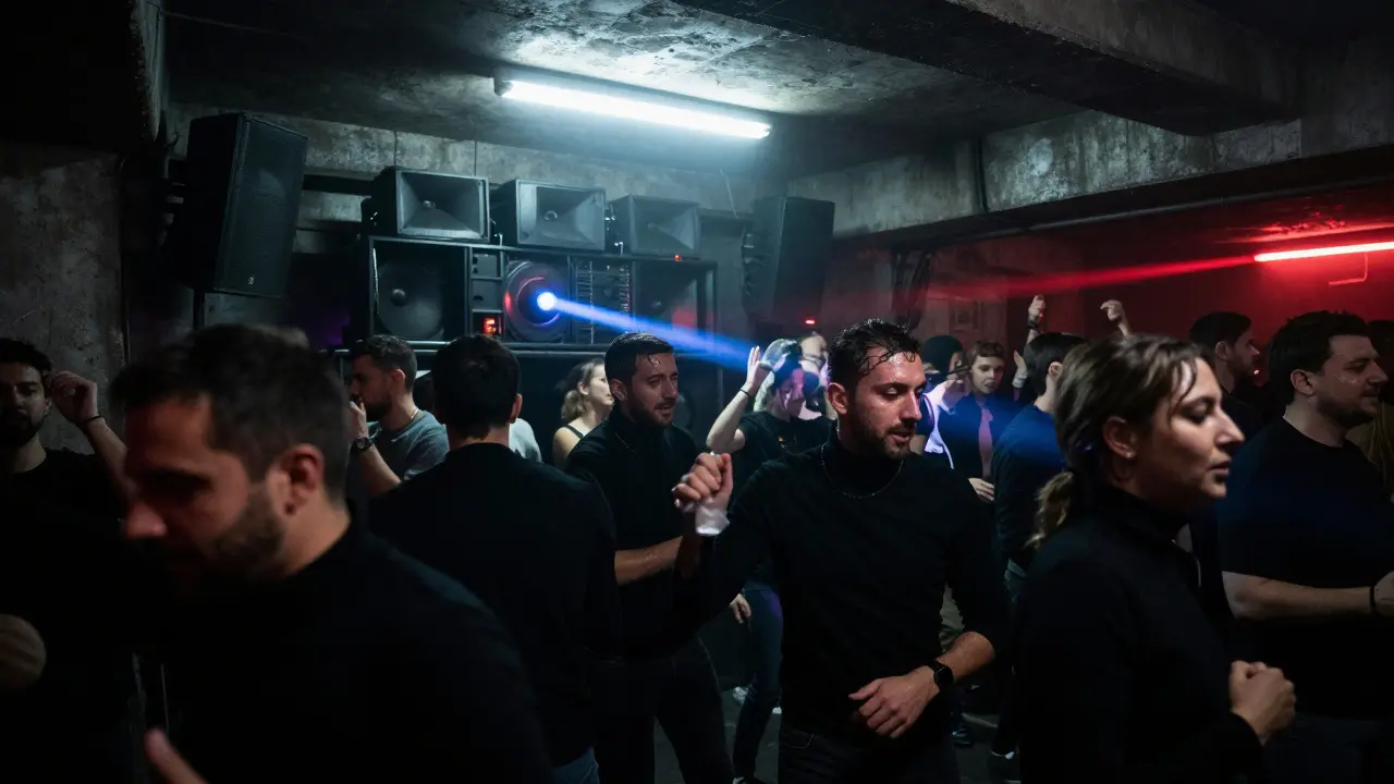 Underground club Kasa with industrial lighting and intense crowd dancing in darkness.