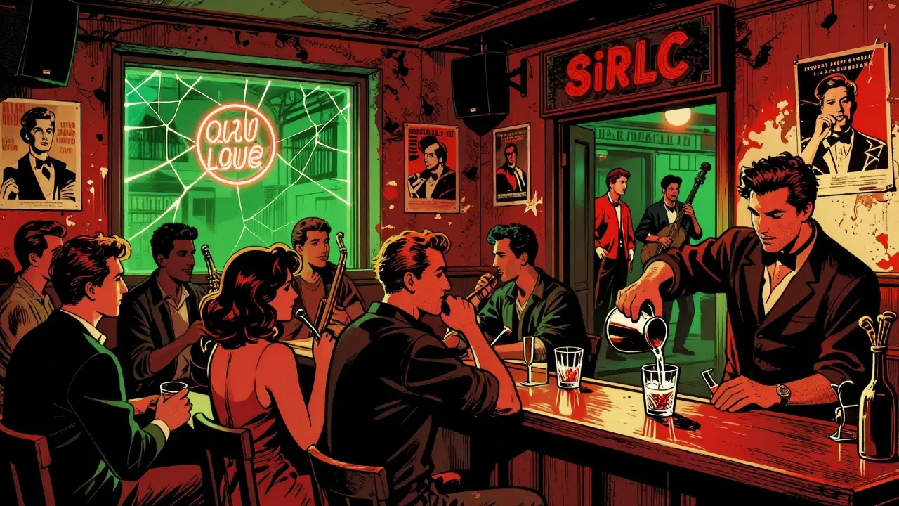 Vibrant basement bar in Istanbul with live music and a lively crowd in comic book style.