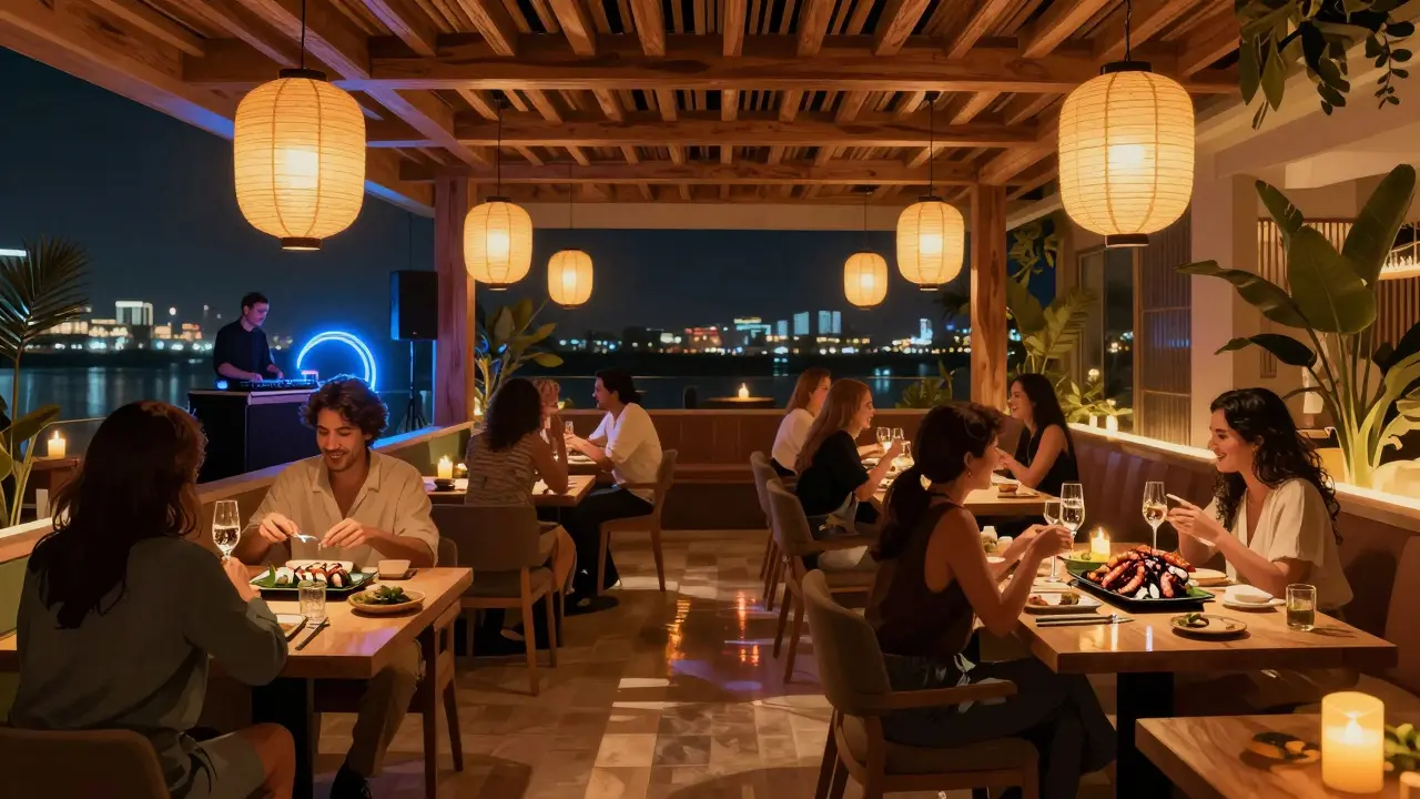 Vibrant Japanese-inspired restaurant at night with wooden beams and glowing lanterns.
