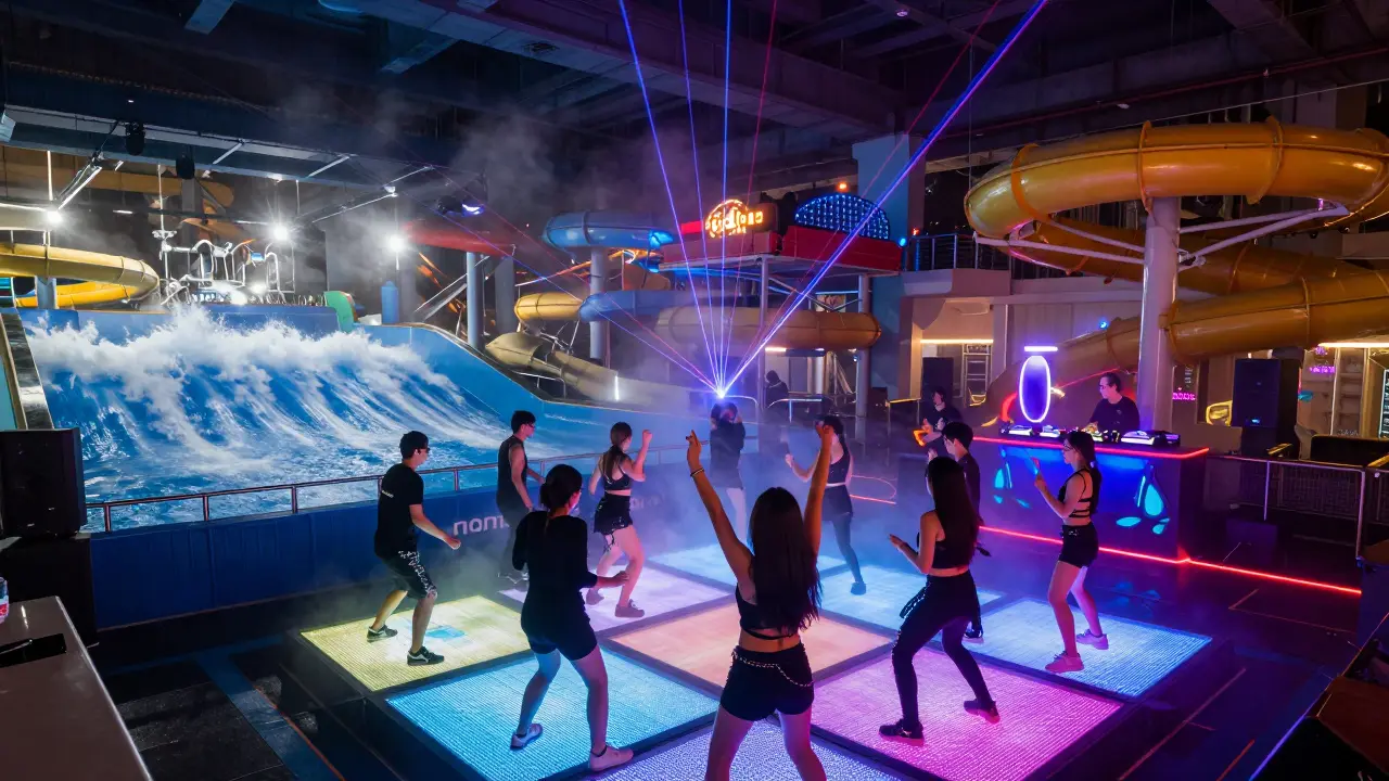 Vibrant nightclub with neon lights and floating LED dance floor inside Yas Waterworld.
