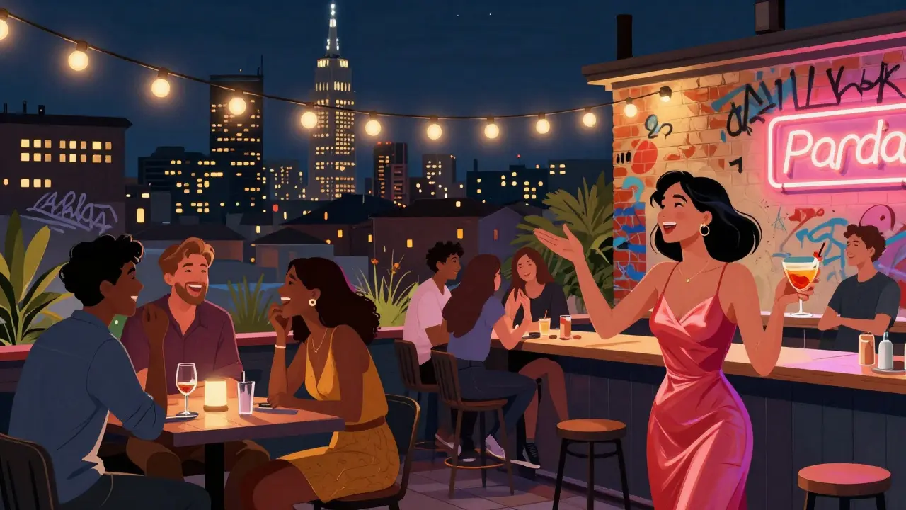 Vibrant rooftop bar scene in Porta Venezia with people laughing under string lights and city lights in the background.