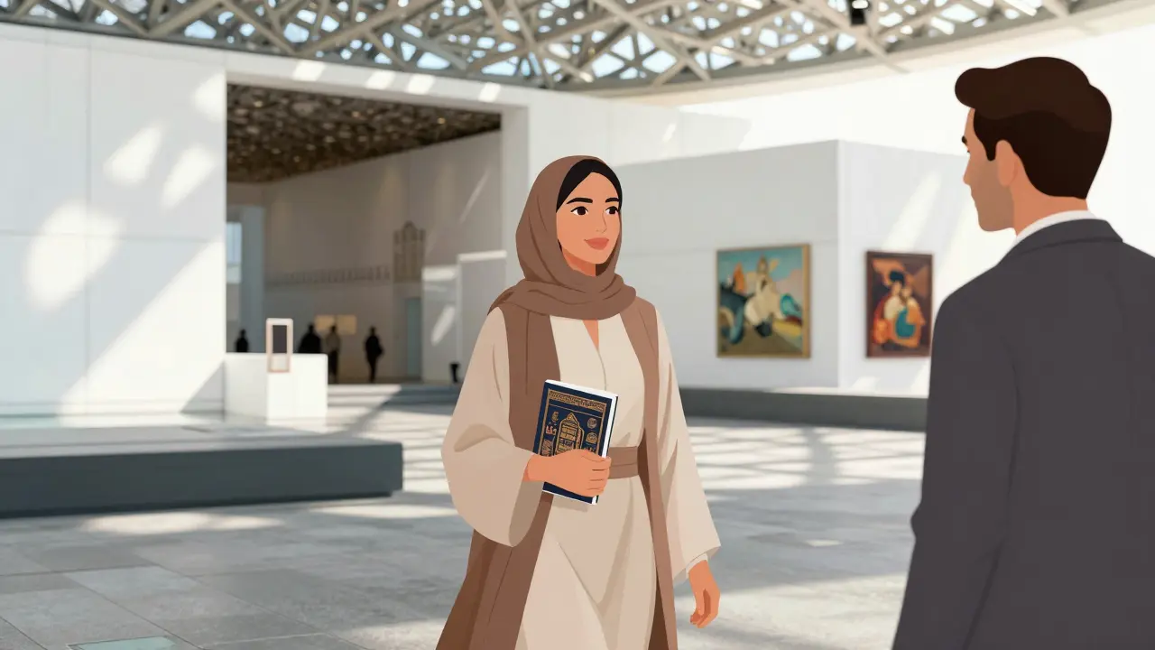 Woman in modest clothing walking through Louvre Abu Dhabi, engaging respectfully with a visitor.