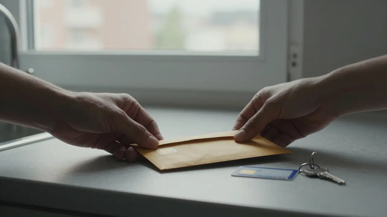 A burner phone, prepaid card, and cash envelope sit on a kitchen counter, suggesting discreet preparation.