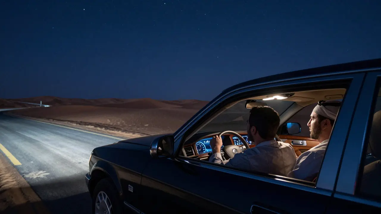 A car drives through the desert at night, passengers gazing out in silent contemplation under the stars.