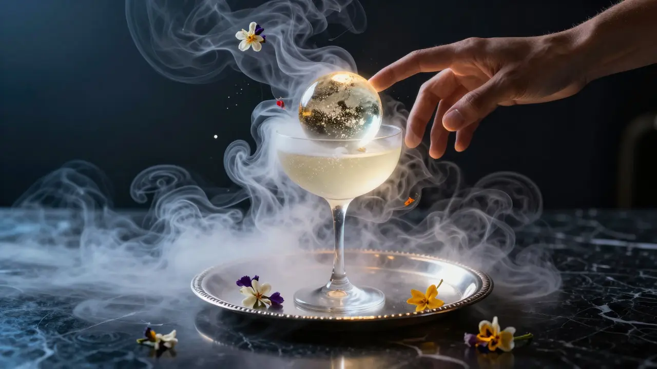 A cocktail with swirling smoke and a floating sparkling wine orb, ready to burst.